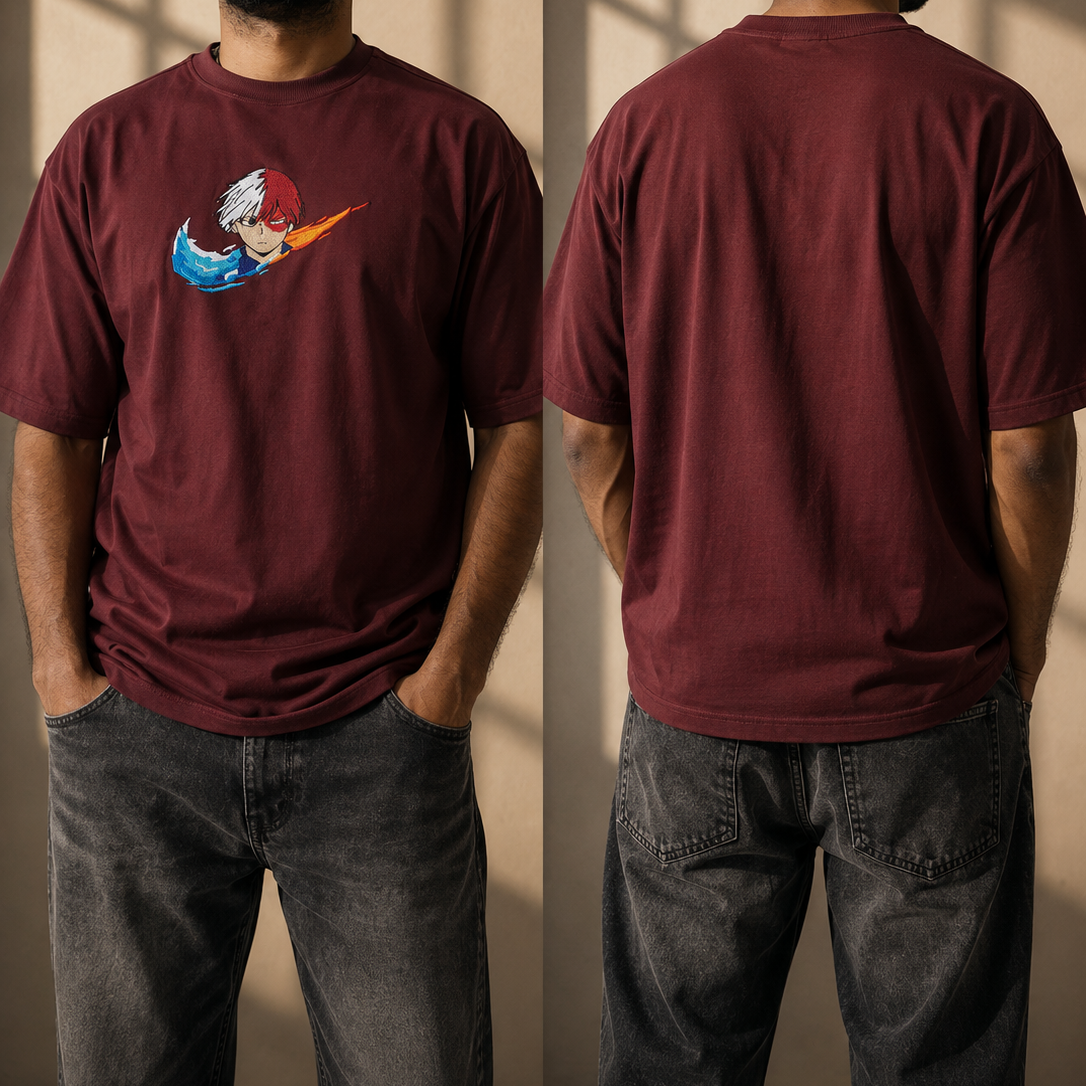 Half-Cold Half-Hot Embroidered Anime T-Shirt