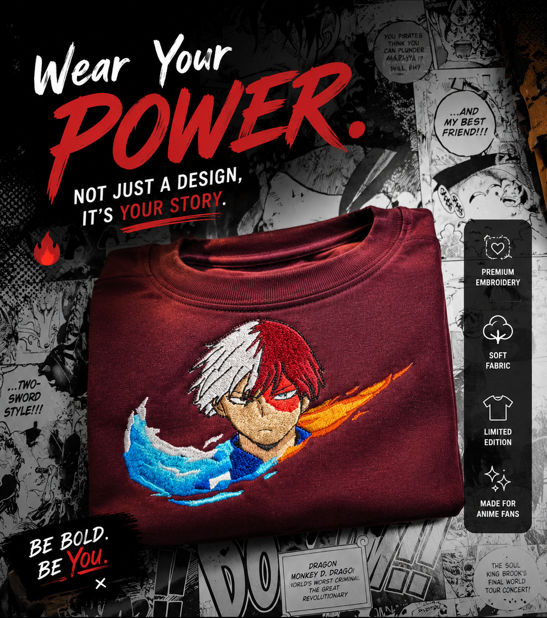 Half-Cold Half-Hot Embroidered Anime T-Shirt